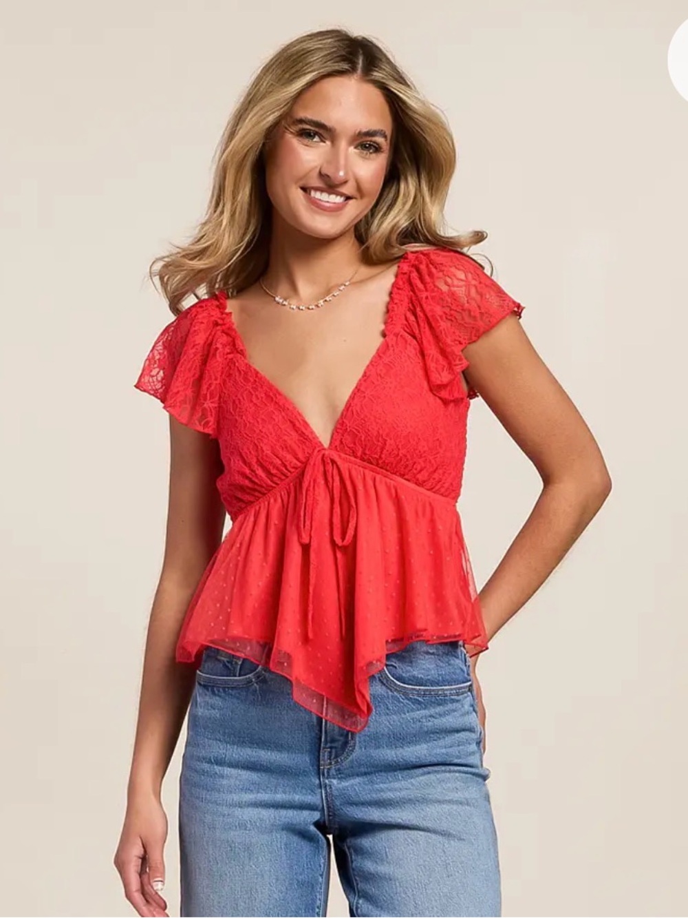 Red Lace and Sheer Tie‑Front Camisole
